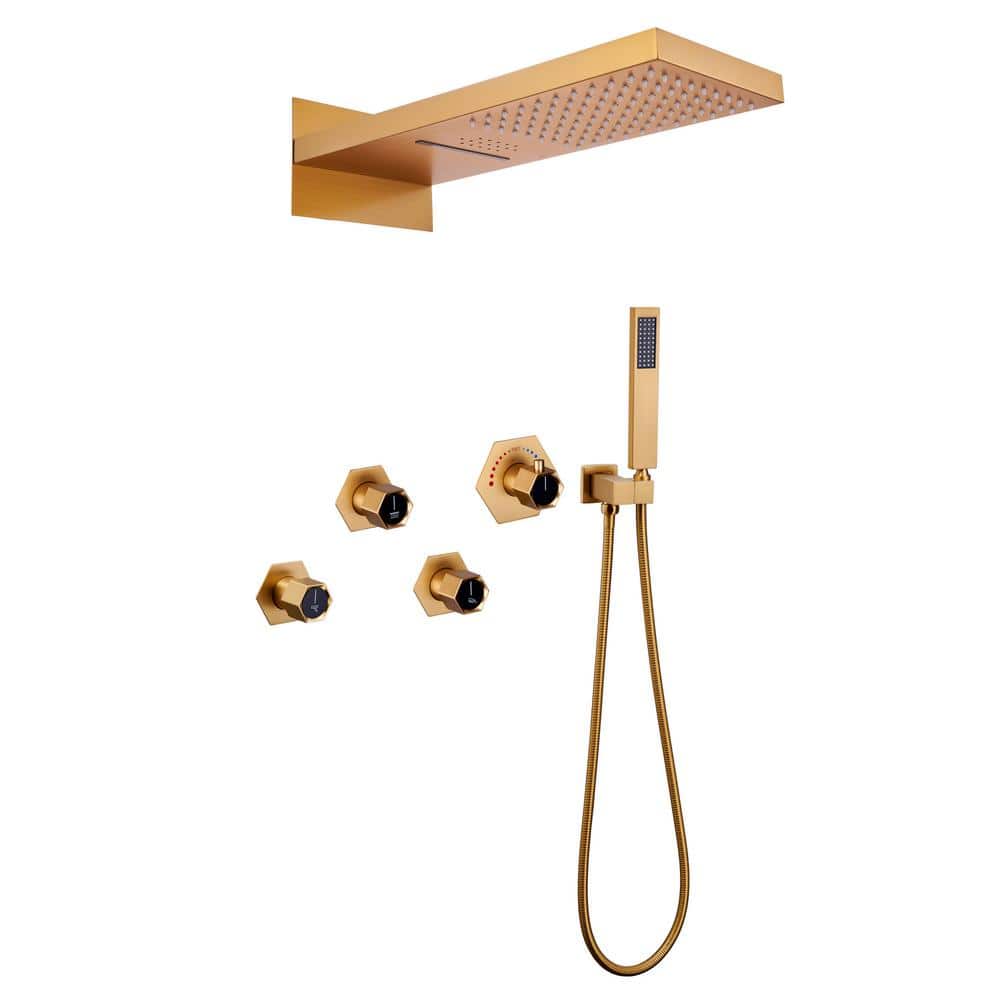 Mondawe 2-Spray 22 in. Dual Shower Head Flush-Mounted Fixed Handheld Shower Head 2.5 GPM in Brushed Gold