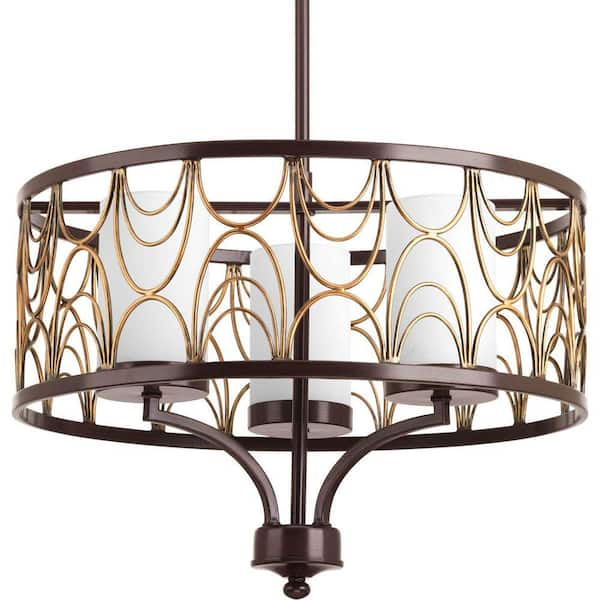 Progress Lighting Cirrine Collection 3-Light Antique Bronze Etched White Glass Global Chandelier Light