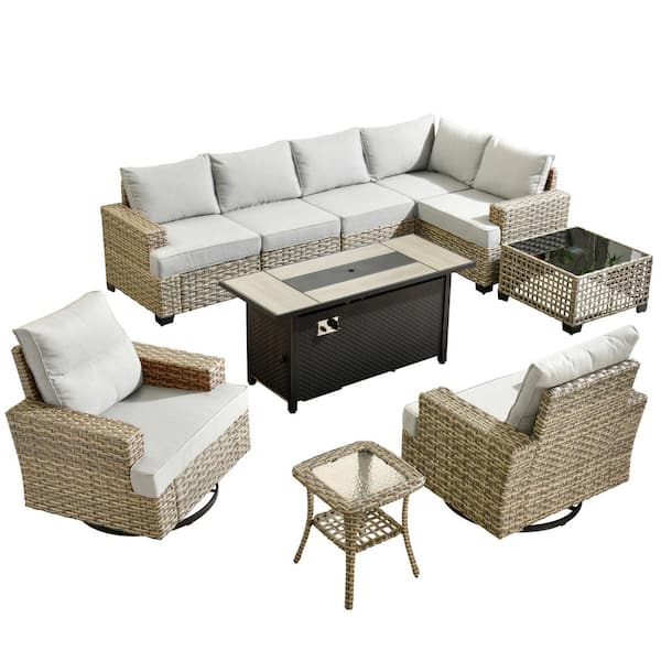 Torino Gray 10-Piece Wicker Outdoor Patio Conversation Sofa Sectional Set with a Metal Fire Pit and Light Gray Cushions