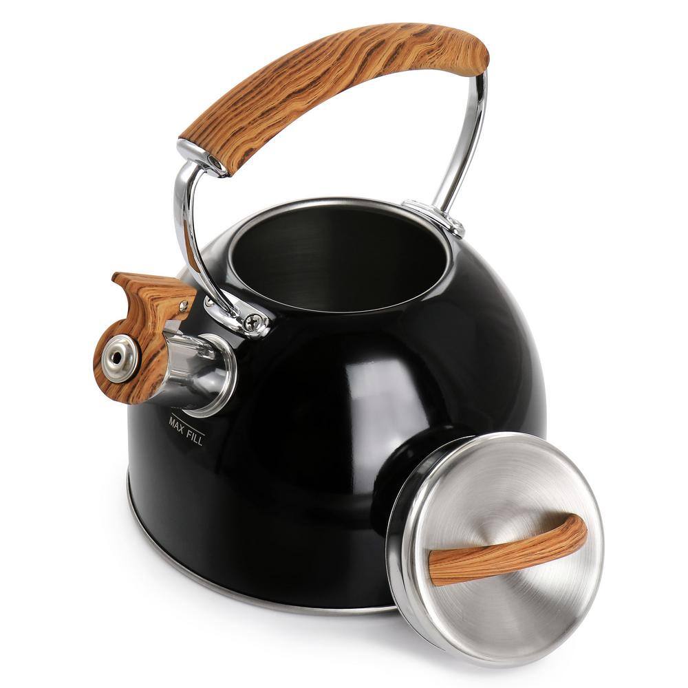 Black Stainless Steel Whistling Tea Kettle with Wood Pattern Handle