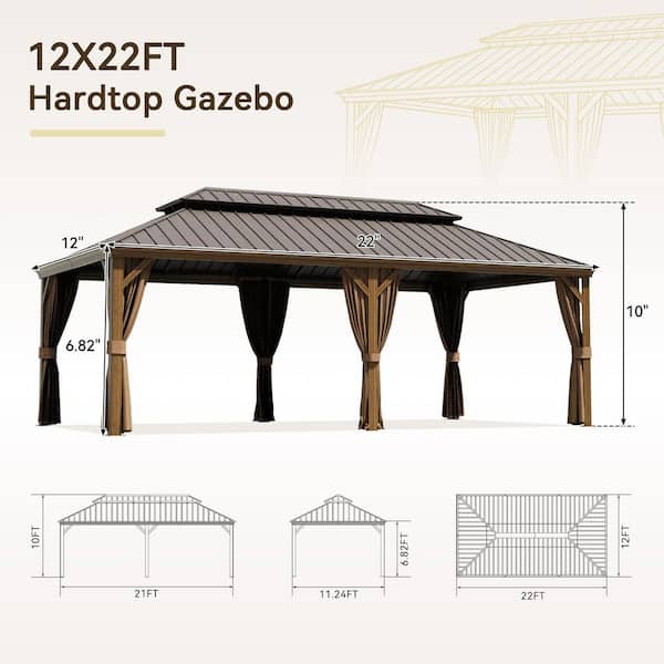 22 ft. x 12 ft. Double Roof Hardtop Aluminum Patio Gazebo with Netting and Brown Curtains