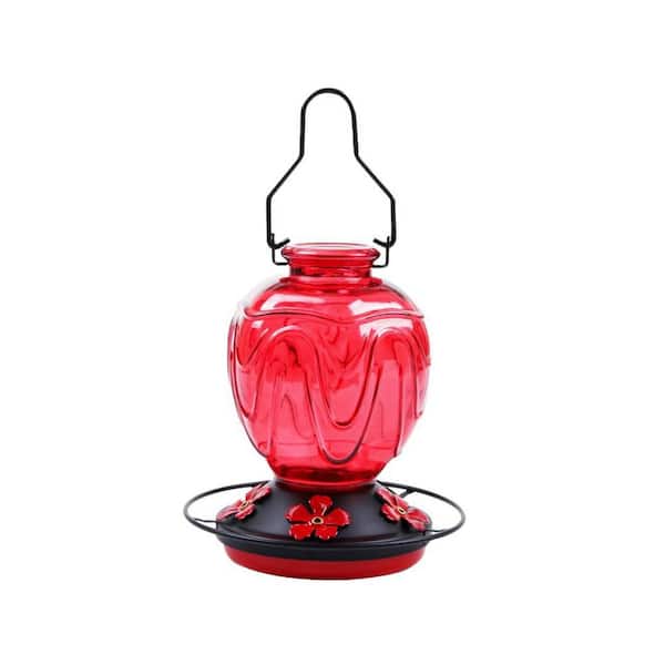 24 oz. Red Glass Hummingbird Feeder with 5 Flower Ports Leak Proof Design Outdoor Hanging Garden Decor Gifts (1-Pack)