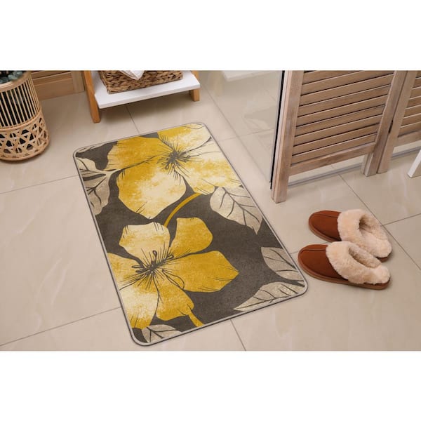 Gray and Yellow Floral Ikat Bath Mat