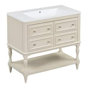 36 in. W x 18 in. D x 34 in. H Single Sink Bath Vanity in Beige with White Resin Top, Four Drawers and Open Shelf