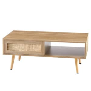 Anky 41.34 in. Natural Wood Rectangle MDF Rattan Coffee Table with Sliding Door for Storage and Solid Wood Legs