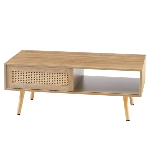 Miscool Anky 41.34 in. Natural Wood Rectangle MDF Rattan Coffee Table with Sliding Door for Storage and Solid Wood Legs