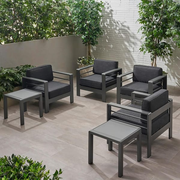 Noble House Cape Coral Grey 6-Piece Aluminum Outdoor Patio Conversation Seating Set with Dark Grey Cushions
