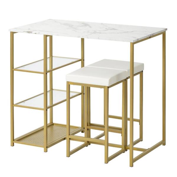 3 Pieces Rectangle Modern Wood Top Gold, Gold Bar Table And Stools