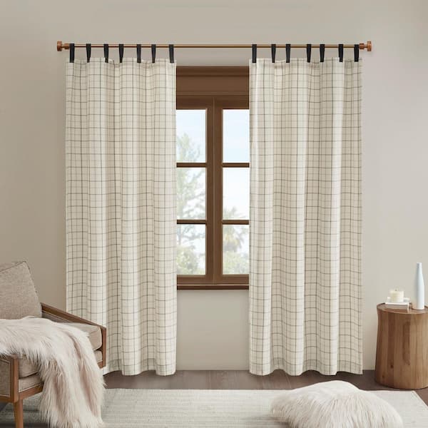 Salford Natural 50 in. W x 108 in. L Plaid Faux Leather Tab Top Curtain Panel with Fleece Lining (Single Panel)
