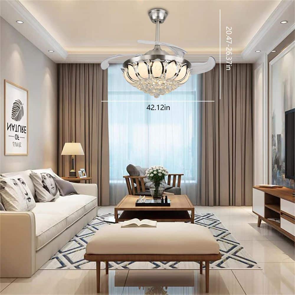 42" Silver Modern LED Crystal Chandelier Ceiling Fan with Remote