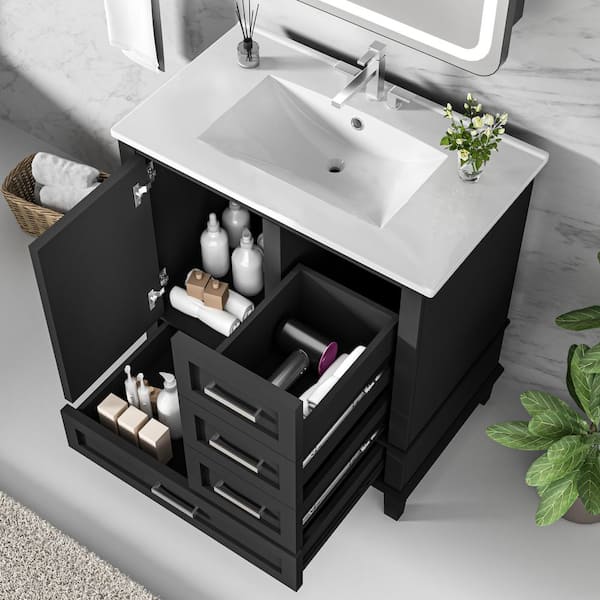 30 in. Single Sink Freestanding Black Bath Vanity with White Ceramic Top, Solid Wood Frame