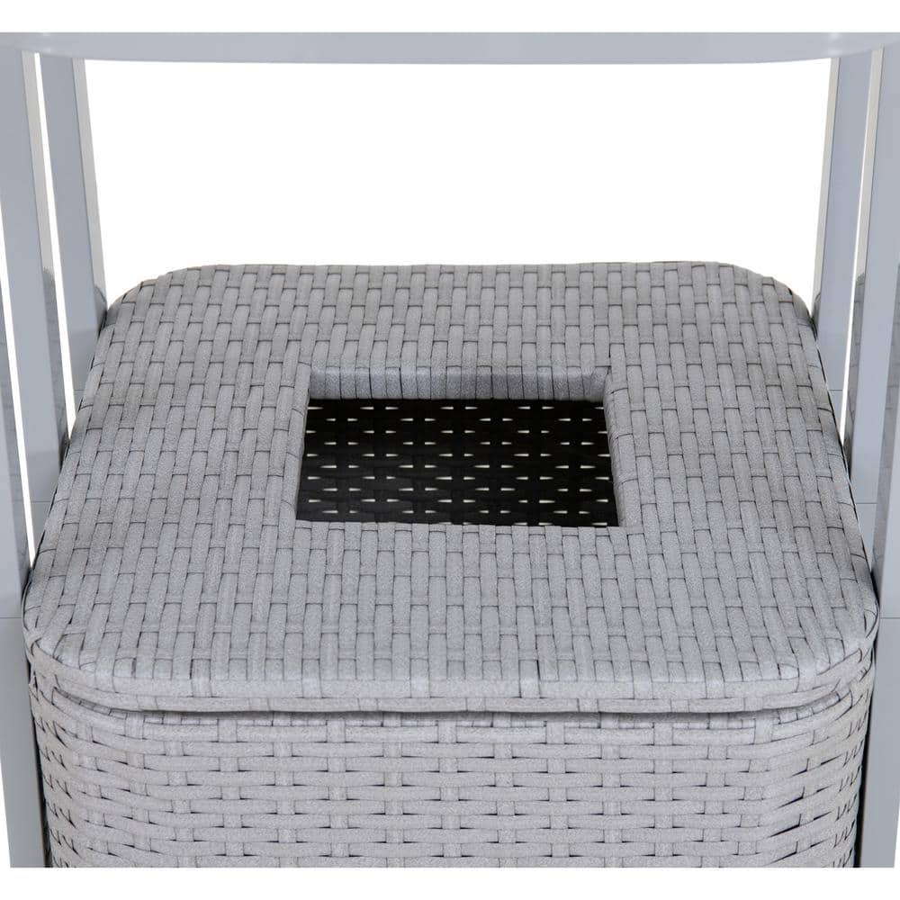 Gray Aluminum Pool Towel Valet Tower with Wicker Storage Basket