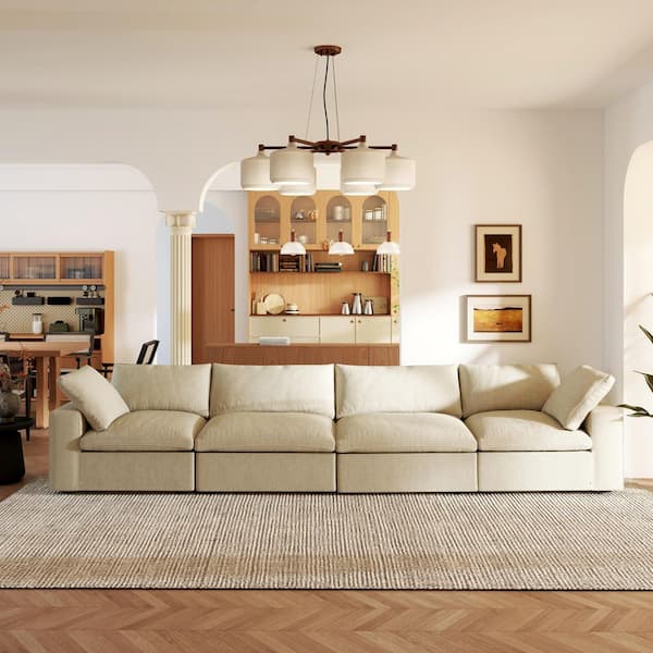 Magic Home Pine Wood 157 in. Square Arm Deep Seat Linen 4-piece Modular Sectional Sofa Modern Convertible Sofa Cloud Couch in Khaki