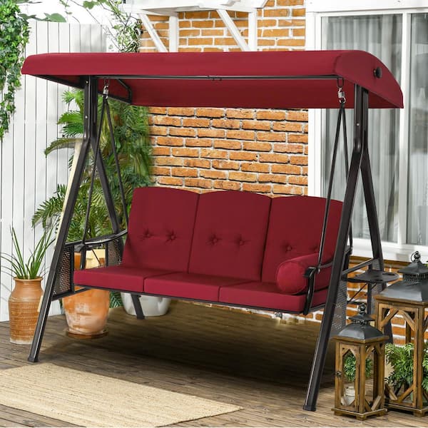 Boyel Living 3-Person Metal Patio Swing with Red Cushions with Cup Holder
