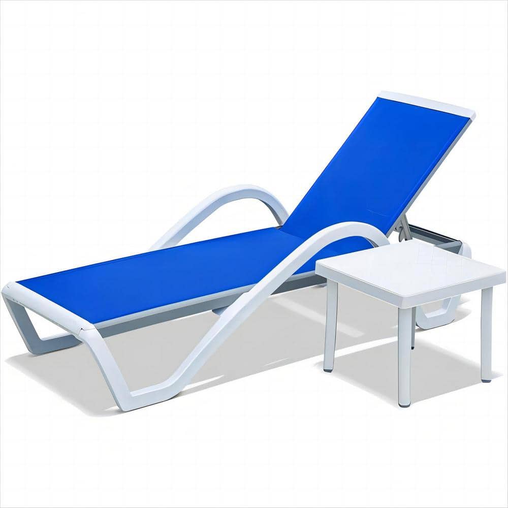 Blue Adjustable Backrest Metal Patio Outdoor Chaise Lounge with Side Table