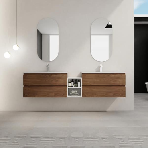 Bohemia 84 in. W X 18.3 in. D x 20.5 in. H Floating Bath Vanity in Brown Oak with White Ceramic Vanity Top