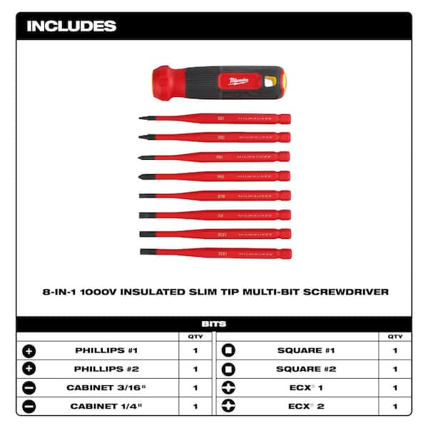 Milwaukee 8-in-1 1000V Insulated Slim-Tip Multi-Bit Screwdriver 48