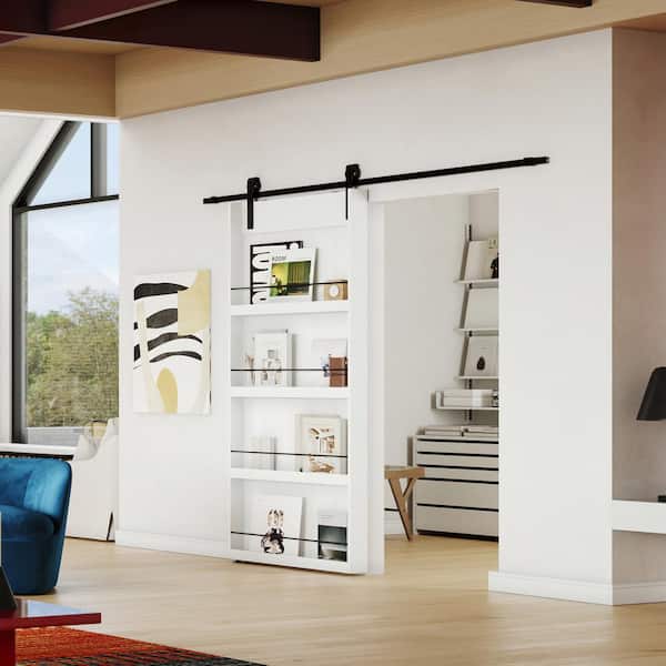 36 in. x 84 in. 4-Levels Shelfs Style, Primed MDF White Finished, Sliding Barn Door with Hardware Kit