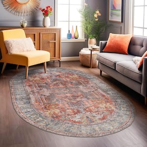Vintage Inspired Distressed Machine Washable Multi 5' X 7' OVAL Area Rug