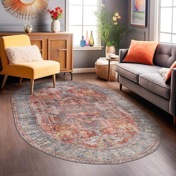 Vintage Inspired Distressed Machine Washable Multi 5 ft. x 7 ft. OVAL Area Rug