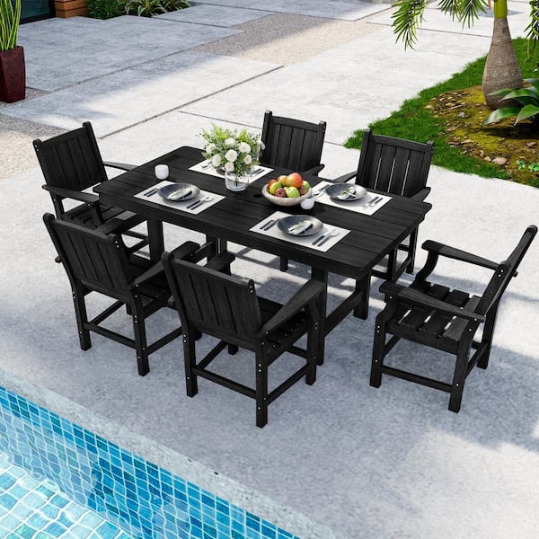 PamaPic Black 7-Piece HDPE Plastic Patio Outdoor Dining Set with Arm Chairs