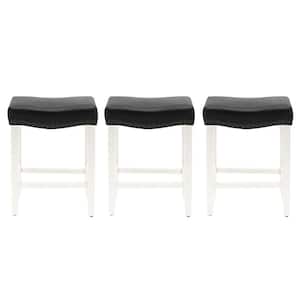 Jameson 24 in. Counter Height Antique White Wood Backless Nailhead Barstool with Faux Leather Saddle Seat (Set of 3)