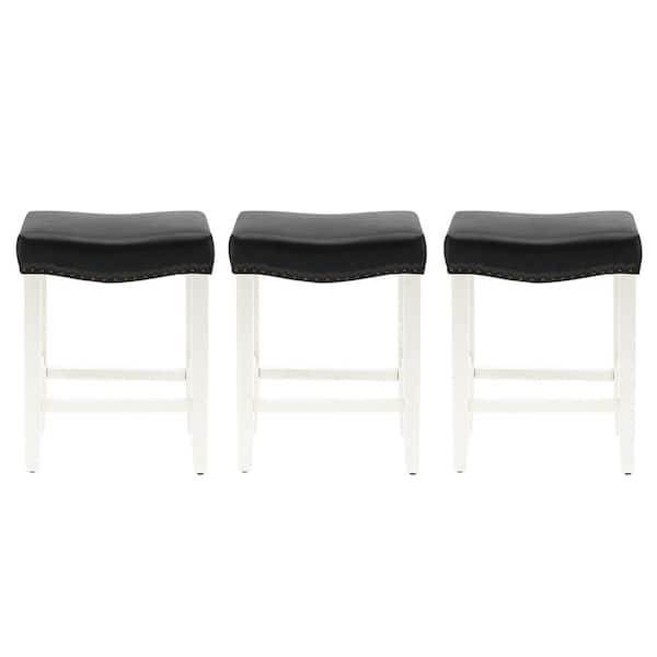 WESTINFURNITURE Jameson 24 in. Counter Height Antique White Wood Backless Nailhead Barstool with Faux Leather Saddle Seat (Set of 3)