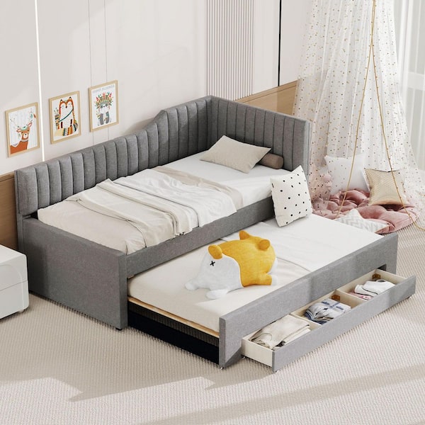 Gray Twin Size Upholstered Daybed with Trundle and 3-Drawers