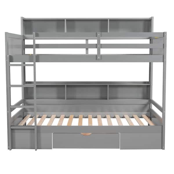 Qualler Gray Twin Bunk Bed with 2 Shelves and Drawer