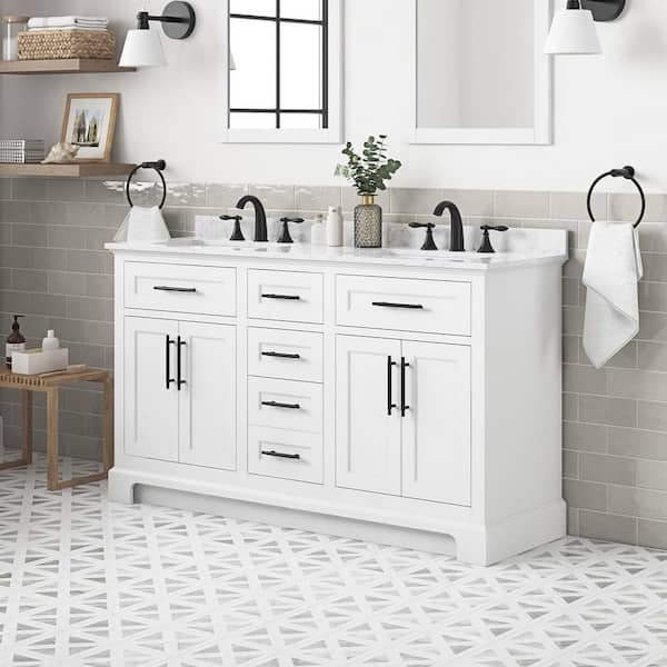 Doveton 60 in. Double Sink Freestanding White Bath Vanity with White Engineered Marble Top (Assembled)