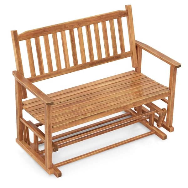Costway 27 in. 2-Person Natural Wood Outdoor Glider Patio Glider with Slatted Seat and Curved Backrest