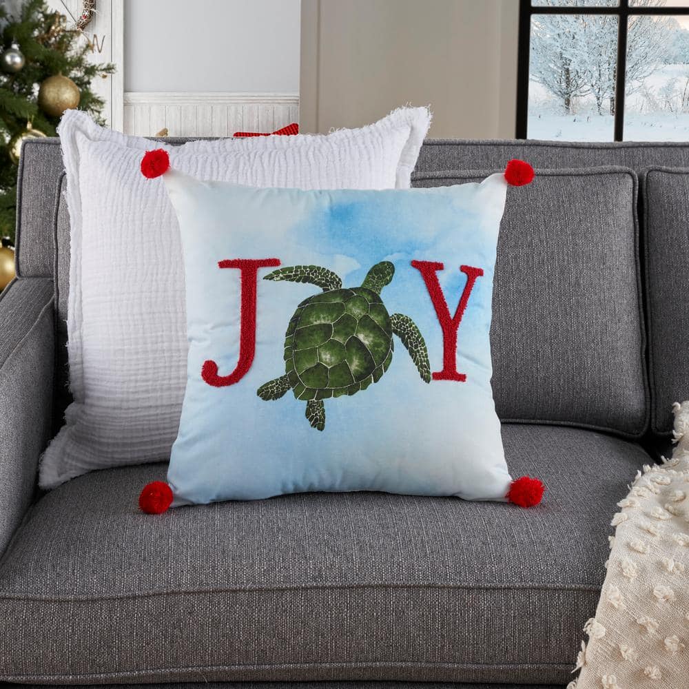 18" Multicolor Embroidered Holiday Sea Turtle Throw Pillow