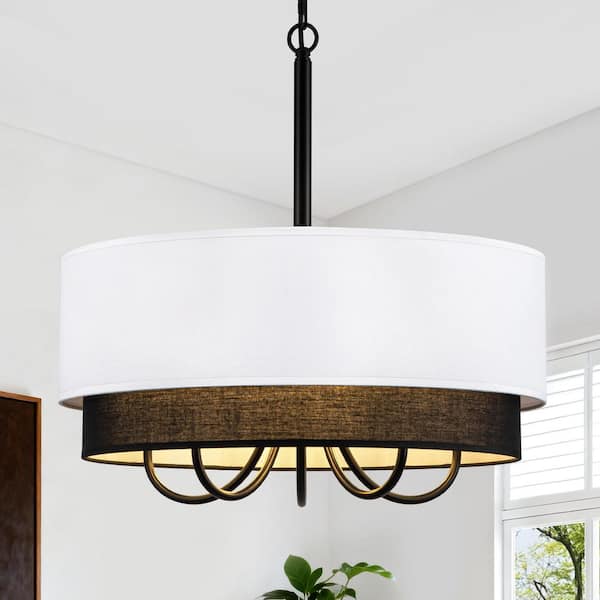 5-Light Modern Black Chandelier Drum Hanging Light Fixture with 2-Layer Fabric Shade