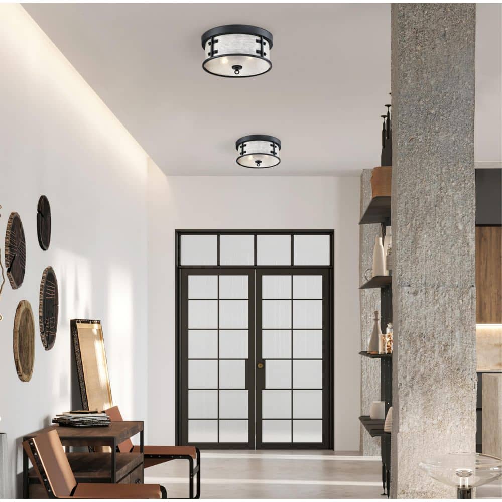 Matte Black and Antique Ash Drum Flush Mount Light