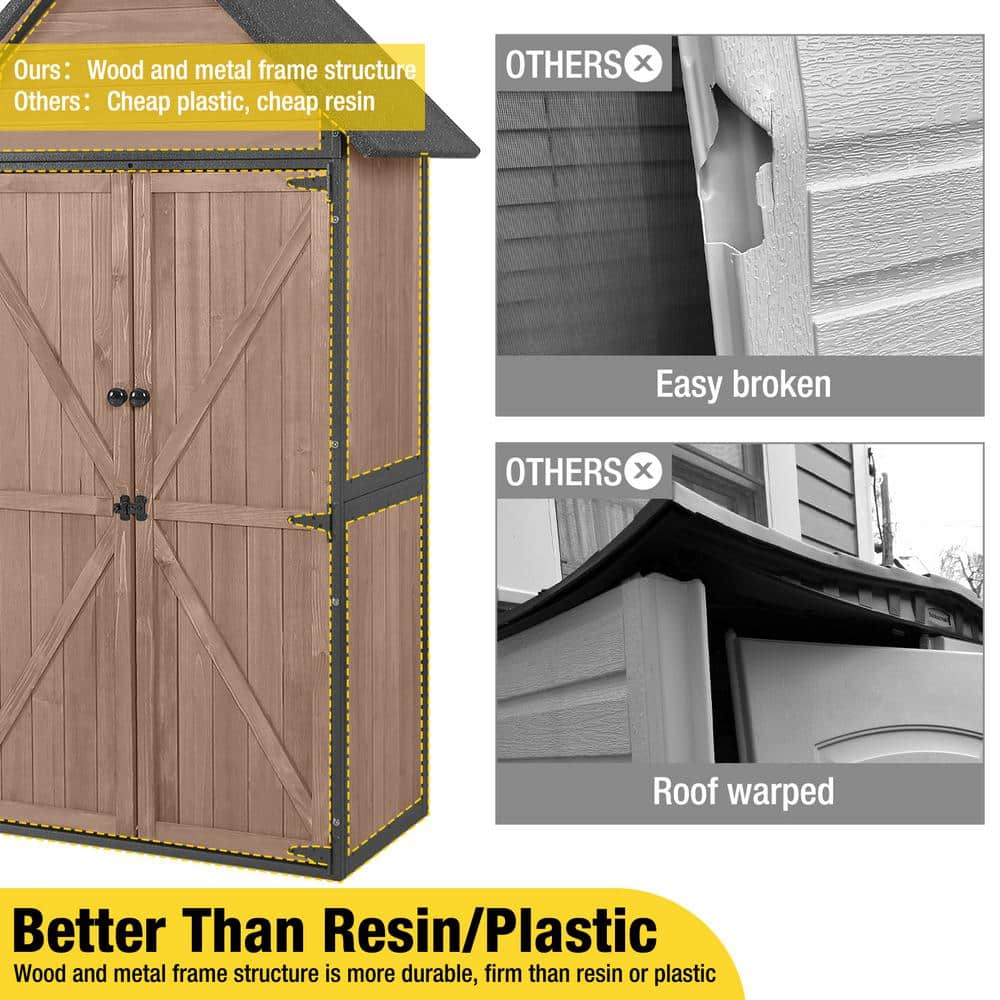 Dark Brown Fir Wood Outdoor Storage Shed with Shelving