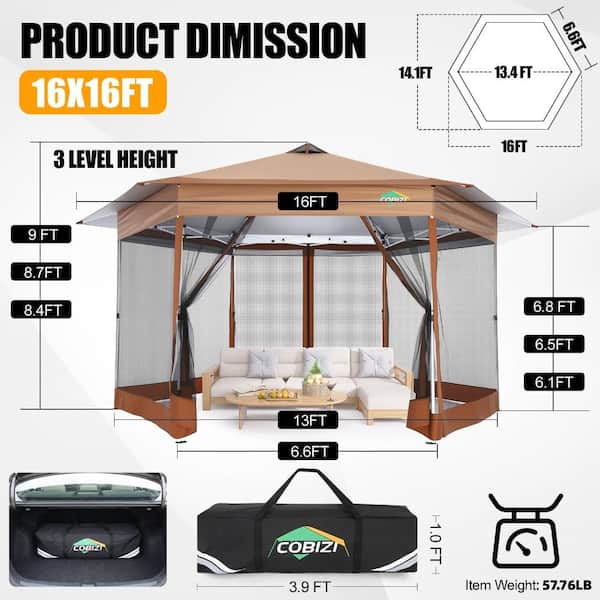 ぽぴこ COBIZI 13x13ft Pop Up Gazebo Tent with Mosquito Netting, Hexagonal