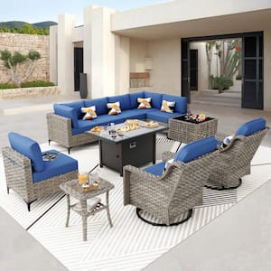 Supery Gray 11-Piece Wicker Rectangle Fire Pit Patio Conversation Set with Navy Blue Cushions and Swivel Chairs