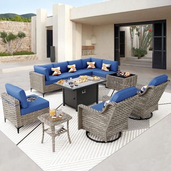 OVIOS Supery Gray 11-Piece Wicker Rectangle Fire Pit Patio Conversation Set with Navy Blue Cushions and Swivel Chairs