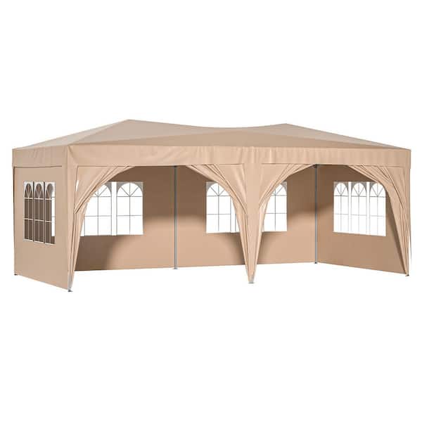 Unbranded 10 ft. x 20 ft. Beige Pop-Up Outdoor Portable Party Folding Tent with 6 Removable Sidewalls, carry Bag, 6 Weight Bags