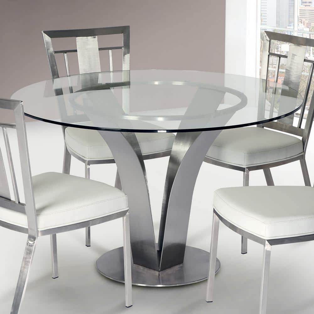 Contemporary 48" Round Glass & Silver Wood Dining Table
