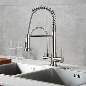 Double-Handles Pull Down Sprayer Kitchen Faucet with Drinking Water Filter in Solid Brass in Brushed Nickel