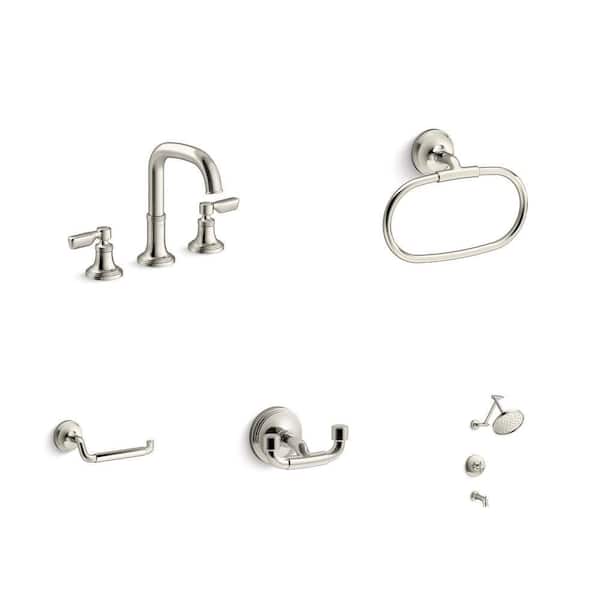Paces Polished Nickel Bathroom Faucet, Towel Ring, Toilet Paper Holder, Robe Hook and Shower Faucet Combo