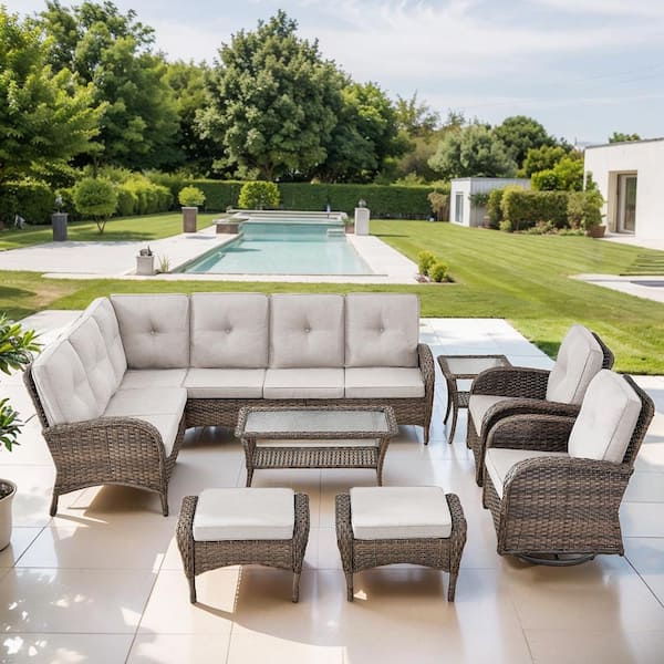 Brown 7-Piece Wicker Patio Conversation Sectional Seating Set with Beige Cushions and Swivel Rockers