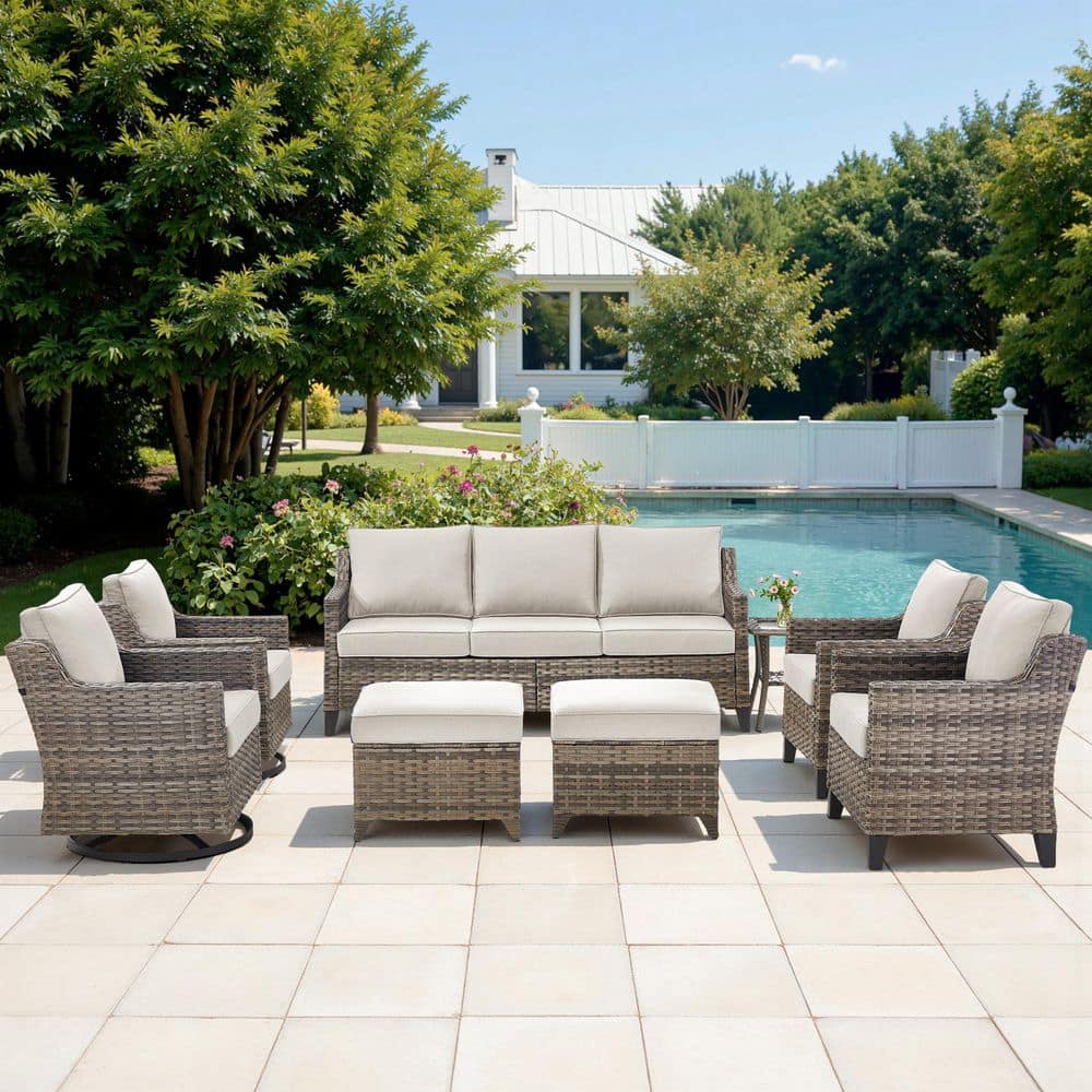GlideRail Gray Swivel Glider Wicker Patio Conversation Set with Beige Olefin 4 In. Thick Cushions/Lounge Chairs(8-Piece) price history on PriceWatchPro
