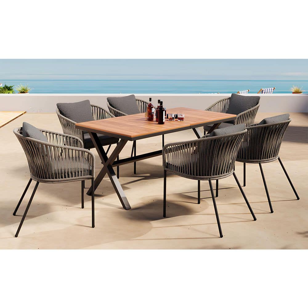 7-Piece Wood Outdoor Dining Set with Gray Cushion with Dining Table and ...