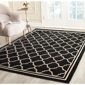 Courtyard Black/Beige 8 ft. x 8 ft. Square Transitional Geometric Indoor/Outdoor Patio Area Rug