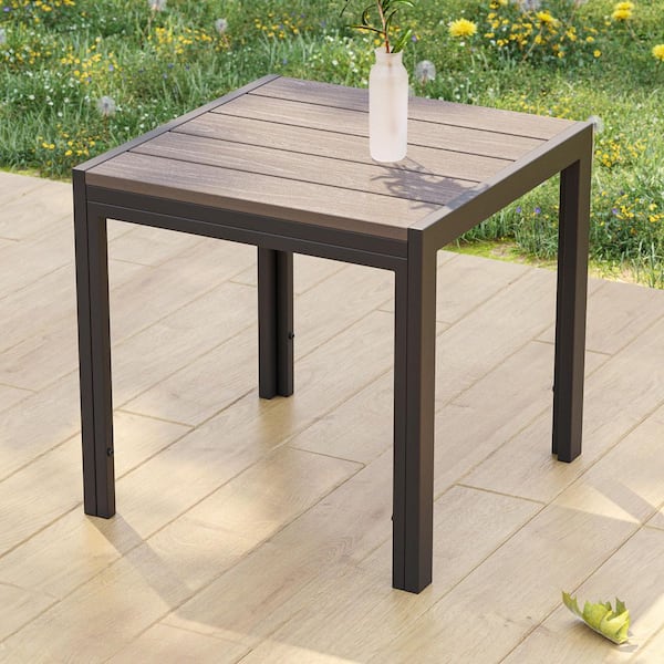 Sonkuki Square Brown Metal Frame Plastic Wood Grain Table Top Outdoor Coffee Table Modern Industrial Style