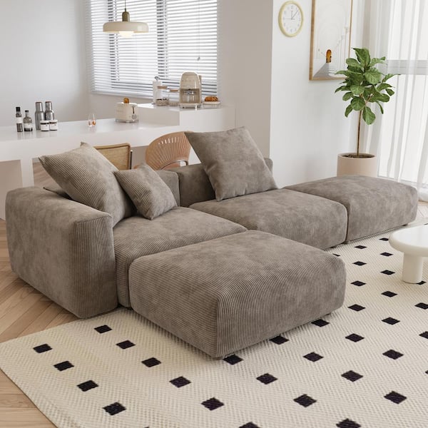 J&E Home 129.92 in. Square Arm 4-piece L Shaped Corduroy Sectional Sofa in. Brown with Ottoman