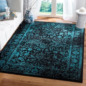 Adirondack Black/Teal 4 ft. x 4 ft. Border Distressed Square Area Rug