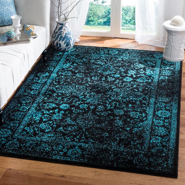 Adirondack Black/Teal 5 ft. x 8 ft. Border Distressed Area Rug